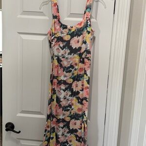 LOFT Pink Floral Maxi Slip Dress with Black Accents
